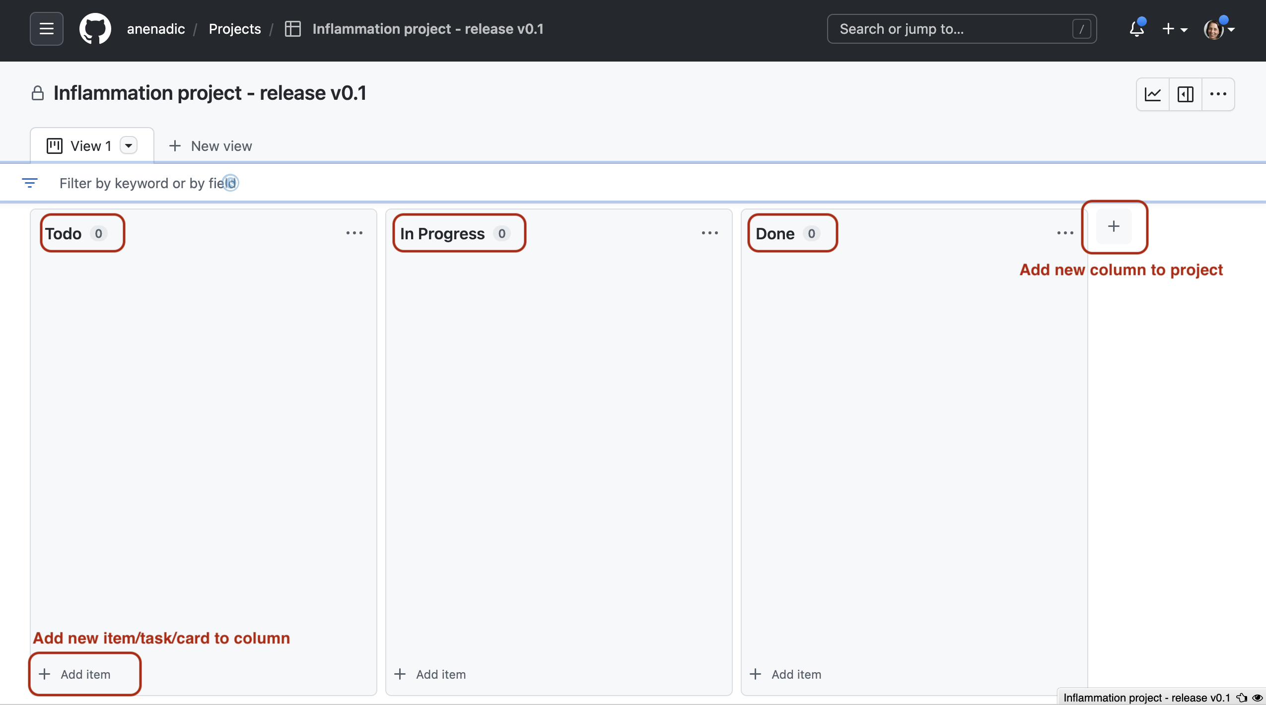 Default card board in GitHub