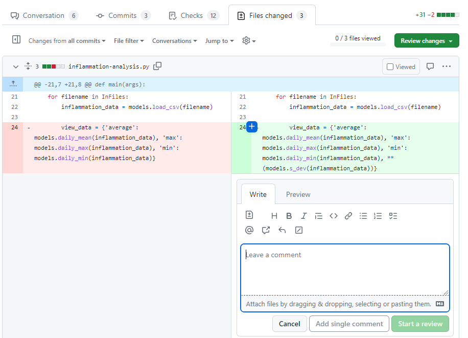 Adding a review comment to a pull request