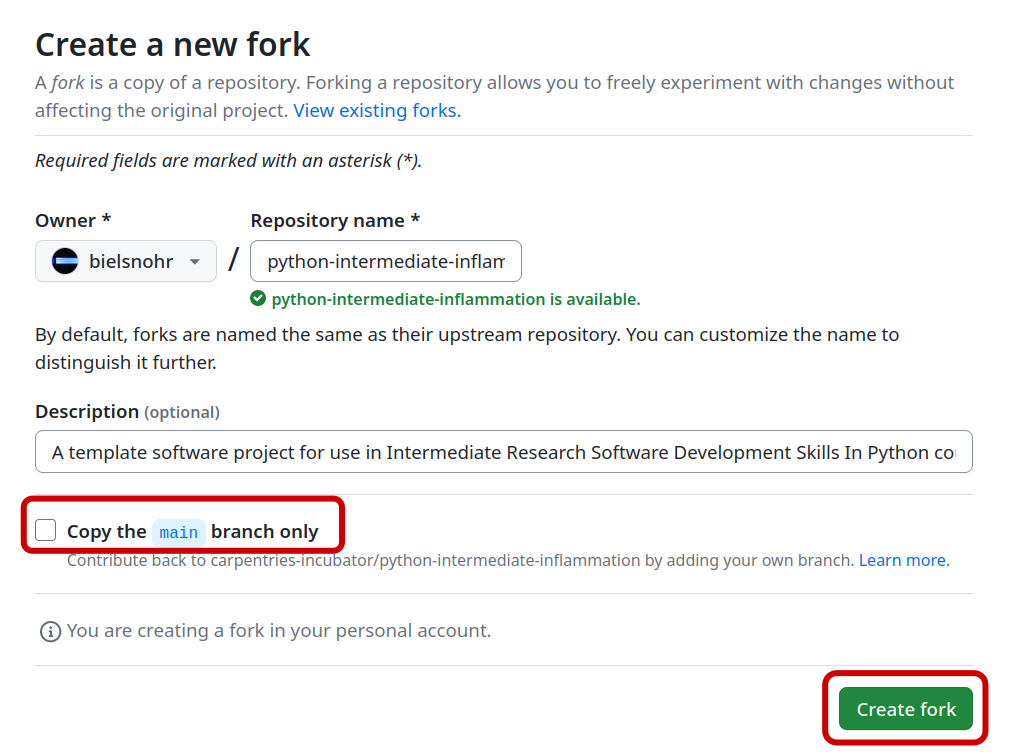 Making a fork of the software project repository in GitHub