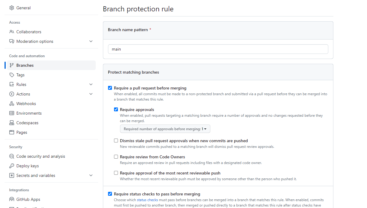 GitHub add a branch protection rule settings screen with recommended settings enabled for a branch called main